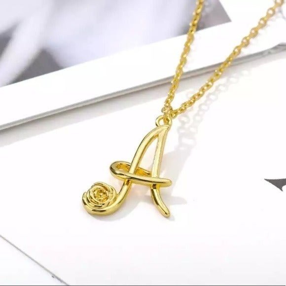 Initial A necklace monogram rose flower letter floral boho bohemian gold chain - Picture 3 of 4
